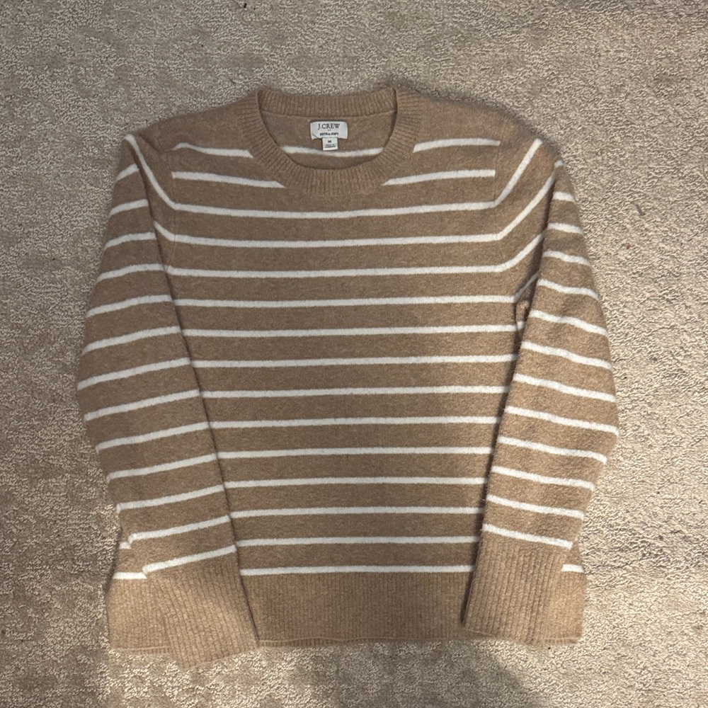 J. Crew Men's Brown and White Striped Crewneck Sweater